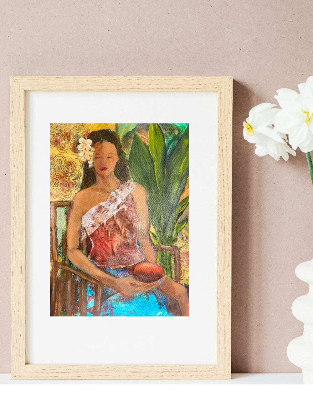 Hand-Painted Tropical Woman Mixed Media  Acrylic  Art– Red, Green, Blue - Picture 3 of 9